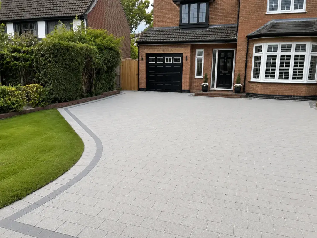 Domestic driveway with block paving, clean edging and landscaped frontage